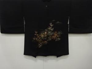 漆　家屋に花模様織り出し　一つ紋　絵羽織